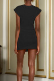 Schwarzes, sexy, solides Patchwork-Minikleid mit Falten und O-Ausschnitt