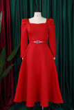Rosa vermelho casual sólido com cinto gola quadrada vestidos de manga comprida