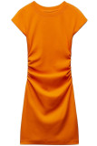 Мандариновое красное сексуальное однотонное лоскутное мини-платье со складками и круглым вырезом