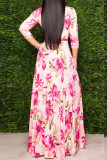 Rosa eleganta blommiga patchwork klänningar med V-hals A Line