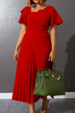 Rote, elegante, solide Patchwork-Kleider in A-Linie mit plissiertem, asymmetrischem Kragen