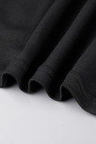 Camisetas pretas casuais estampadas patchwork com gola redonda e cintura média