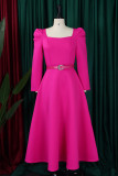 Rose Red Casual Solid With Belt Square Collar Long Sleeve Dresses