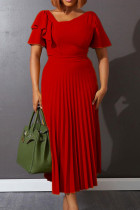 Rode elegante effen patchwork geplooide asymmetrische kraag A-lijn jurken