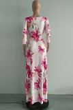 Rosa elegante Blumen-Patchwork-Kleider mit V-Ausschnitt und A-Linie