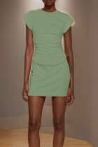 Светло-зеленые сексуальные однотонные лоскутные мини-платья со складками и круглым вырезом