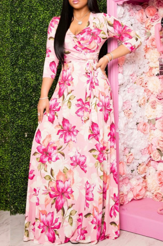 Rosa elegante Blumen-Patchwork-Kleider mit V-Ausschnitt und A-Linie