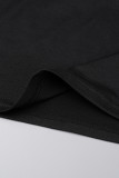 Camisetas pretas casuais estampadas patchwork com gola redonda e cintura média