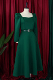 Green Casual Solid With Belt Square Collar Long Sleeve Dresses
