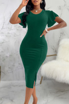Vestidos de falda envueltos con cuello en O y cremallera con abertura y patchwork liso verde elegante