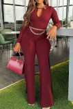 Brick Red Sweet Solid Hollowed Out Patchwork O Neck Regular Jumpsuits（Including Chains）