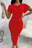 Красные элегантные однотонные лоскутные платья-юбки с разрезом на молнии и круглым вырезом
