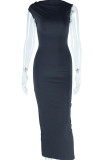 Black Street Solid Patchwork Fold Asymmetrical Collar Long Dress Dresses