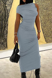 グレー ストリート ソリッド パッチワーク フォールド 非対称カラー ロング ドレス ドレス