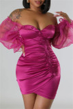 ピンクのセクシーなソリッドバックレスオフショルダー長袖ドレス