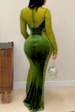 Groene sexy effen patchwork doorzichtige lange jurk met o-hals