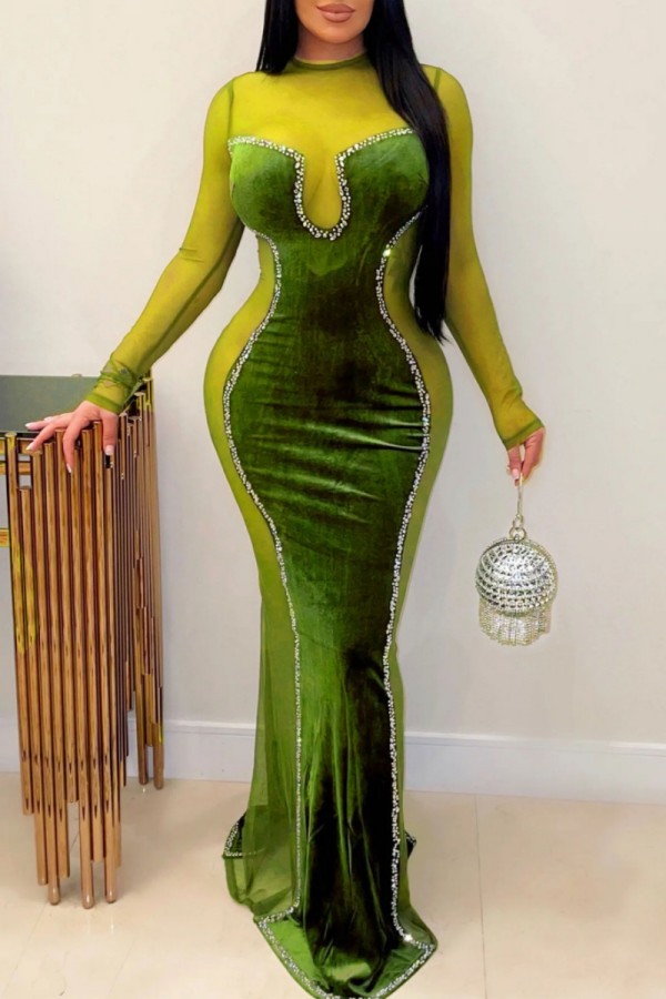 Vestido largo verde sexy de retales lisos transparente con cuello en O Vestidos