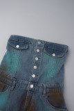 Azul claro sexy casual retalhos botões sem costas fenda sem alças vestidos jeans magros