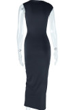 Grey Street Solid Patchwork Fold Asymmetrical Collar Long Dress Dresses