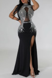 Zwart sexy feest elegante formele patchwork split mesh hete boor halve coltrui asymmetrische jurken