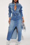 Blue Street Однотонные лоскутные карманные пряжки с высоким открытым отложным воротником и длинными рукавами Свободные джинсовые платья