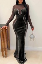 Zwarte sexy effen patchwork doorzichtige lange jurk met o-hals