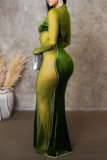 Зеленые сексуальные однотонные лоскутные прозрачные длинные платья с круглым вырезом