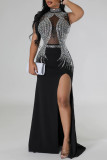 Vestidos asimétricos de cuello alto para fiesta, sexys, negros, elegantes, formales, con abertura y malla, taladro caliente