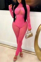 Pink Sexy Patchwork Hollowed Out See-through Turtleneck Skinny Jumpsuits