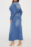 Blue Street Solid Patchwork Pocket Buckle High Opening Turndown Collar Long Sleeve Loose Denim Dresses