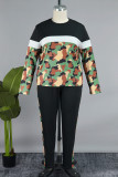 Camouflage Casual Camouflage Print Patchwork Draw String Pocket O Neck Plus Size Due pezzi