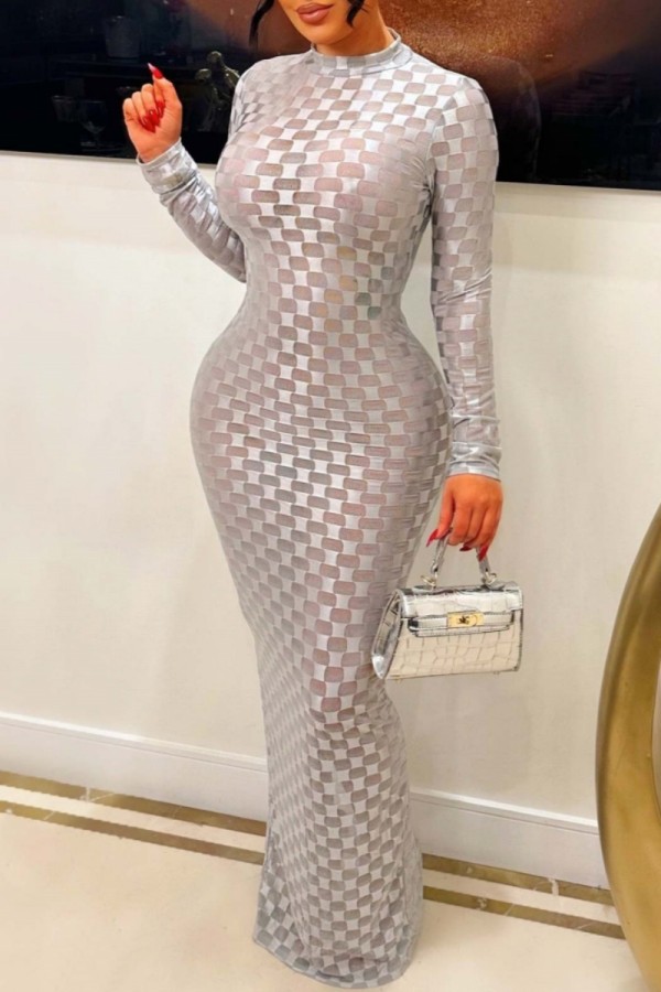 Серебряное сексуальное повседневное однотонное длинное платье с половиной водолазки