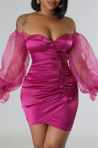 Roze sexy effen rugloze off-shoulder jurken met lange mouwen