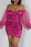 Roze sexy effen rugloze off-shoulder jurken met lange mouwen