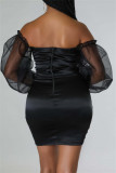 Svarta sexiga solida långärmade klänningar utan rygg utan axel