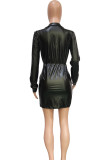 ブラック カジュアル ソリッド パッチワーク フォールド V ネック ラップ スカート ドレス
