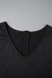 ブラックのエレガントなドット包帯パッチワーク ジッパー V ネック A ライン プラス サイズ ドレス