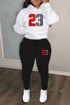 White Black Casual Print Basic Hooded Collar Long Sleeve Two Pieces Tracksuits Sets Sweat Suit