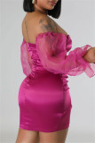 Розовые сексуальные однотонные платья с открытой спиной и длинными рукавами