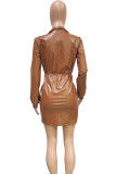 Brown Casual Solid Patchwork Fold V Neck Wrapped Skirt Dresses