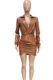 Brown Casual Solid Patchwork Fold V Neck Wrapped Skirt Dresses