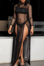 Vestido negro sexy con perforación en caliente, transparente, con abertura alta, cuello redondo, irregular