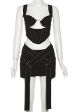 Black Elegant Solid Patchwork Asymmetrical Collar Sleeveless Two Pieces