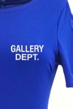 Blauer eleganter Patchwork-Buchstabendruck ohne Gürtel O-Ausschnitt-Wickelrock-Kleider (ohne Gürtel)