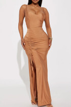 Braunes, sexy, solides Patchwork-Kleid mit Kordelzug, hoher Öffnung, Spaghettiträger, langes Kleid