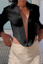 Blusas pretas sexy de patchwork sólido com decote em V