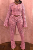 Black Sexy Street Solid Hollowed Out Patchwork See-through O Neck Long Sleeve Two Pieces Crop Tops And Flare Leg Pants Sets