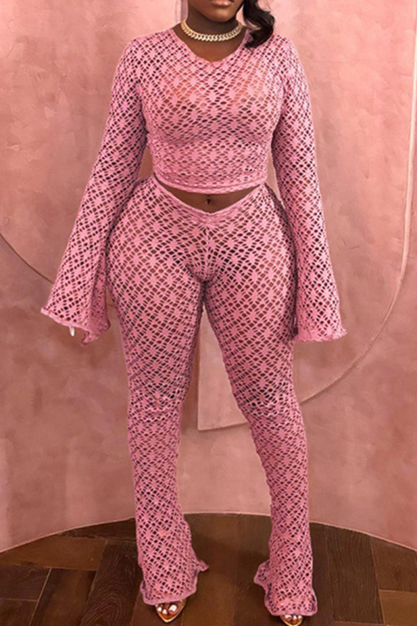 Pink Sexy Street Solid Hollowed Out Patchwork See-through O Neck Long Sleeve Two Pieces