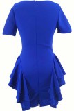 Vestidos de falda envueltos con cuello en O y letras de patchwork con estampado elegante azul (sin cinturón)