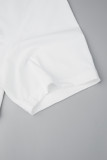 Patchwork branco casual com estampa de letras decote oco plus size duas peças